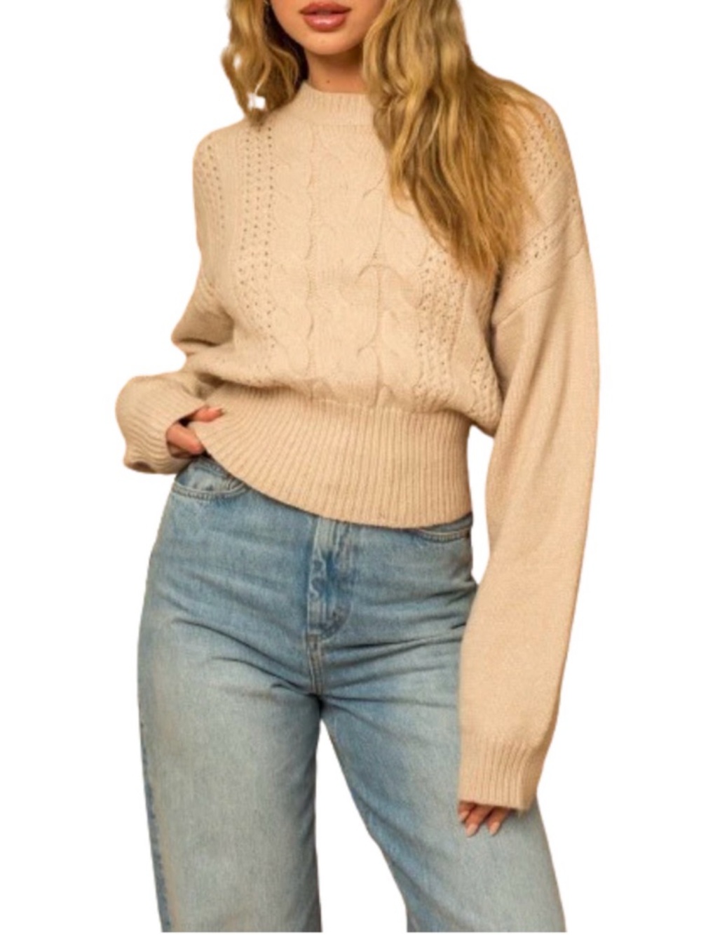 London - Chunky Cable Knit Women Sweater - Cream - M